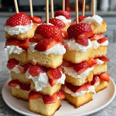Strawberry shortcake kabobs with whipped cream toppings on a wooden skewer.