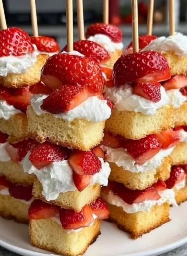 Strawberry shortcake kabobs with whipped cream toppings on a wooden skewer.