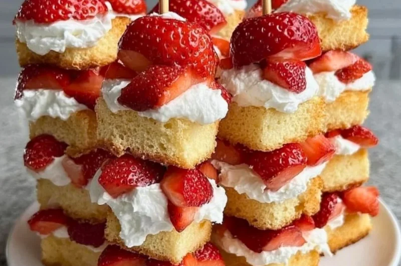 Strawberry shortcake kabobs with whipped cream toppings on a wooden skewer.