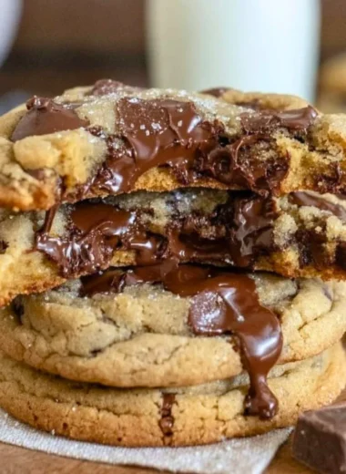 Ultra thick bakery-style chocolate chip cookies with crispy edges and gooey centers