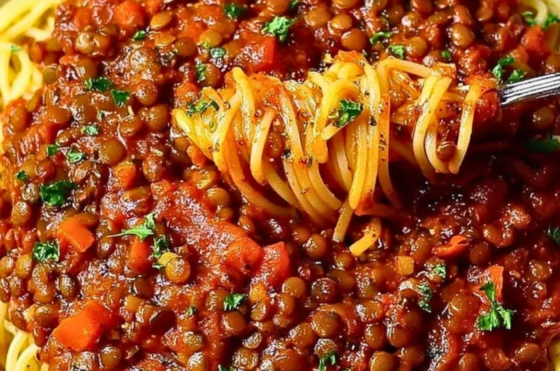 Bowl of Vegan Bolognese with pasta and fresh herbs