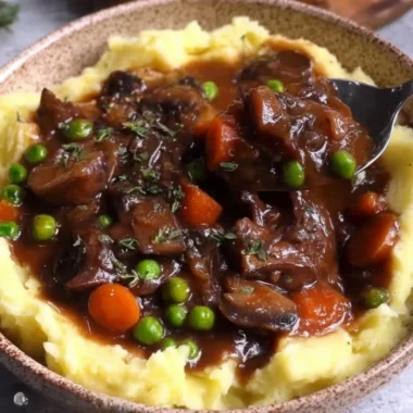 Vegan mushroom bourguignon served in a rustic bowl with herbs and vegetables.