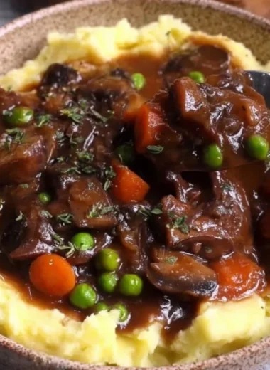Vegan mushroom bourguignon served in a rustic bowl with herbs and vegetables.