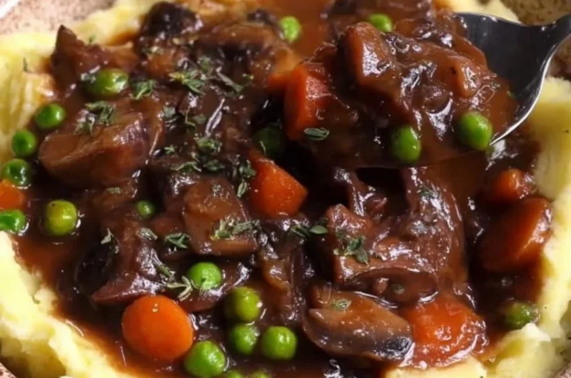 Vegan mushroom bourguignon served in a rustic bowl with herbs and vegetables.