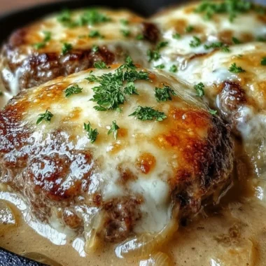 Amish Hamburger Steak Bake served on a plate with gravy and vegetables