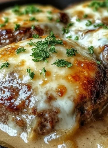 Amish Hamburger Steak Bake served on a plate with gravy and vegetables
