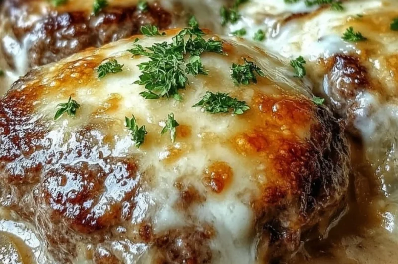 Amish Hamburger Steak Bake served on a plate with gravy and vegetables