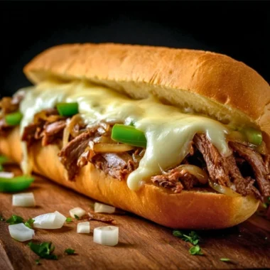 Delicious Blackstone Philly cheesesteak topped with cheese and peppers.