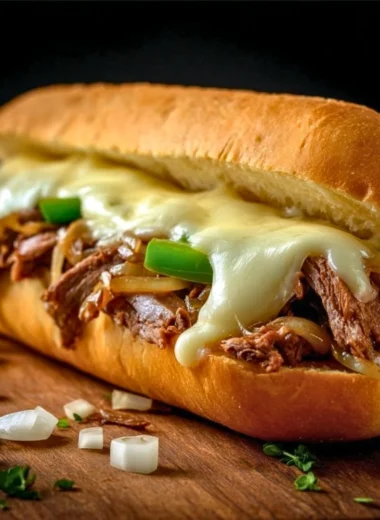 Delicious Blackstone Philly cheesesteak topped with cheese and peppers.