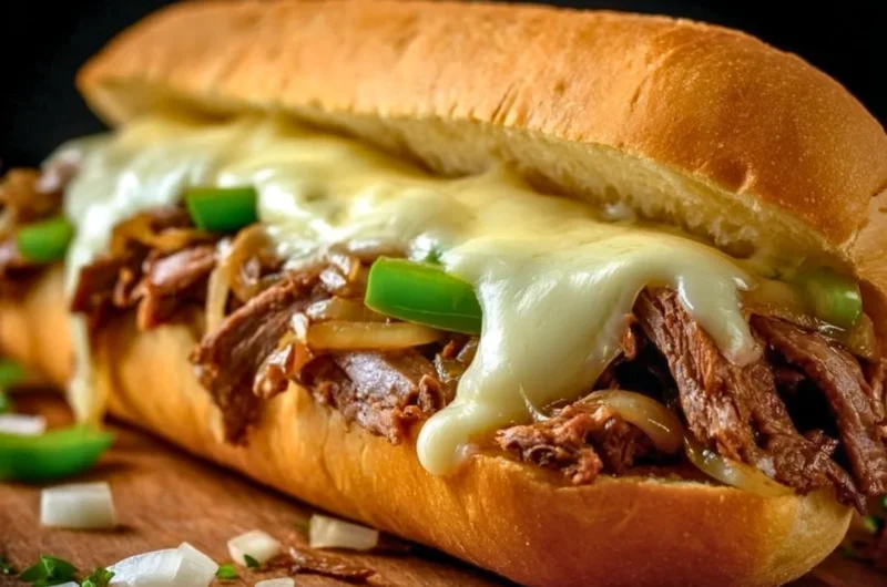 Delicious Blackstone Philly cheesesteak topped with cheese and peppers.