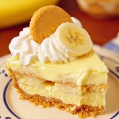 Delicious banana pudding cheesecake topped with vanilla wafers and banana slices