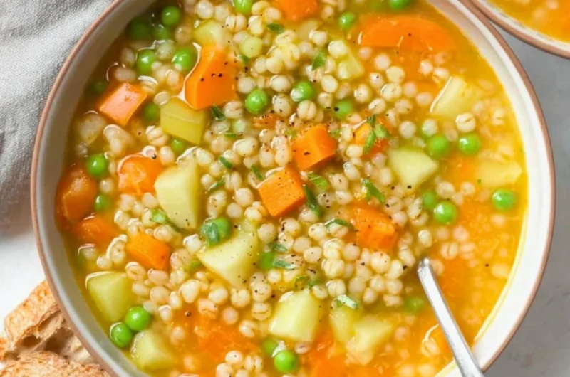 Bowl of delicious barley soup with vegetables and herbs