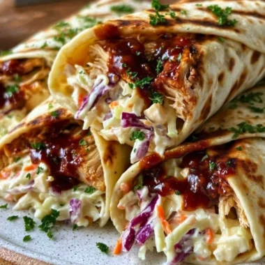BBQ chicken wraps with coleslaw on a wooden table