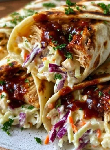 BBQ chicken wraps with coleslaw on a wooden table