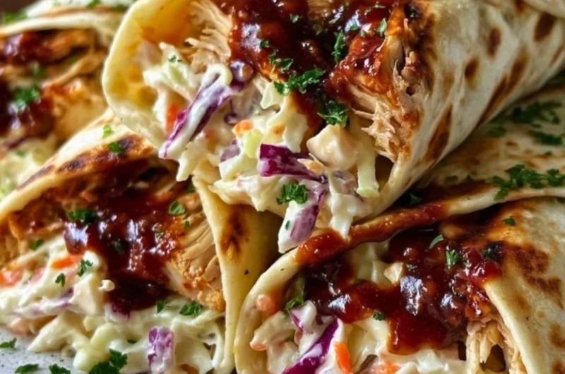 BBQ chicken wraps with coleslaw on a wooden table