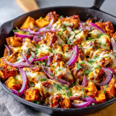 BBQ chicken sweet potato skillet ready to serve in a one-pan meal