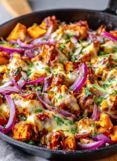 BBQ chicken sweet potato skillet ready to serve in a one-pan meal