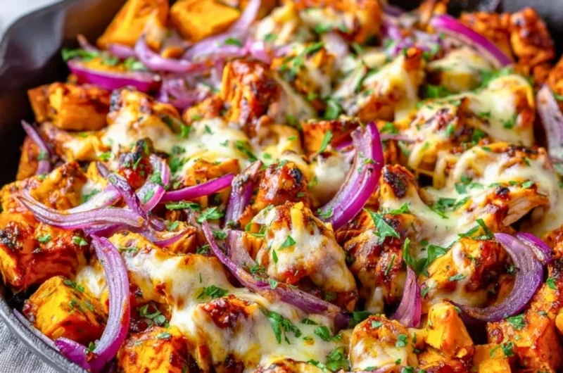 BBQ chicken sweet potato skillet ready to serve in a one-pan meal