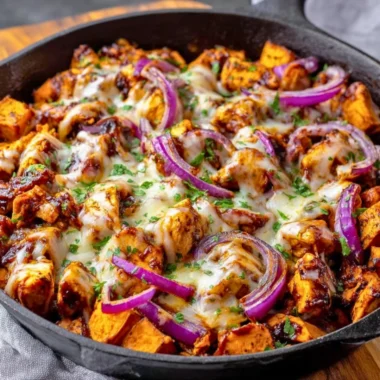 BBQ chicken sweet potato skillet in a pan for easy one-pan dinner.