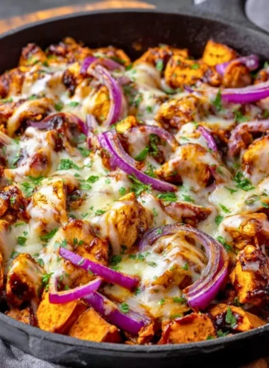 BBQ chicken sweet potato skillet in a pan for easy one-pan dinner.