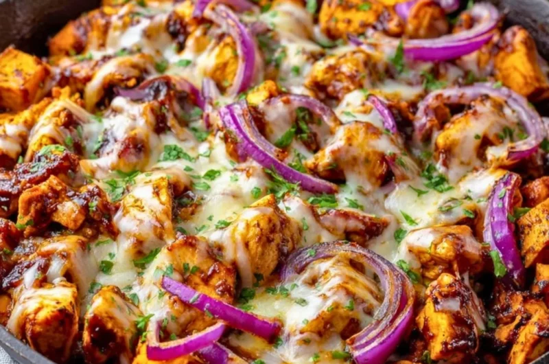 BBQ chicken sweet potato skillet in a pan for easy one-pan dinner.