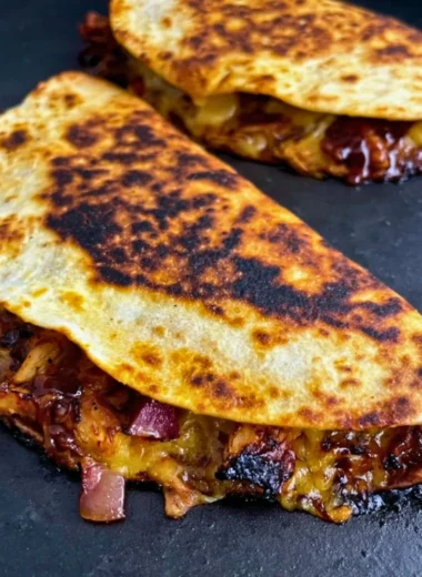 Deliciously grilled Blackstone hot honey BBQ chicken quesadillas