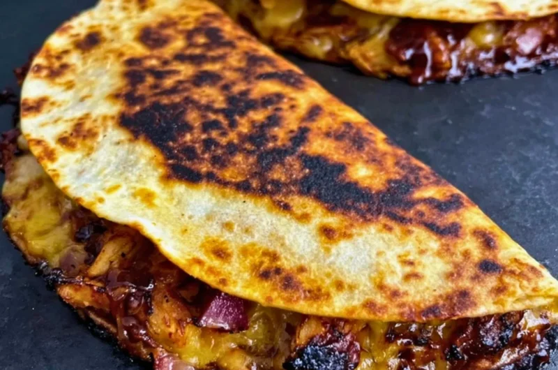 Deliciously grilled Blackstone hot honey BBQ chicken quesadillas