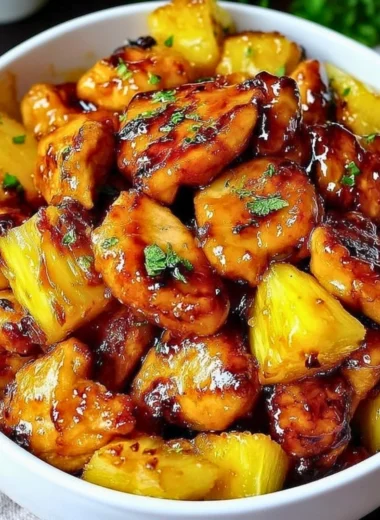 Delicious Blackstone Pineapple Chicken recipe with vibrant pineapple chunks.