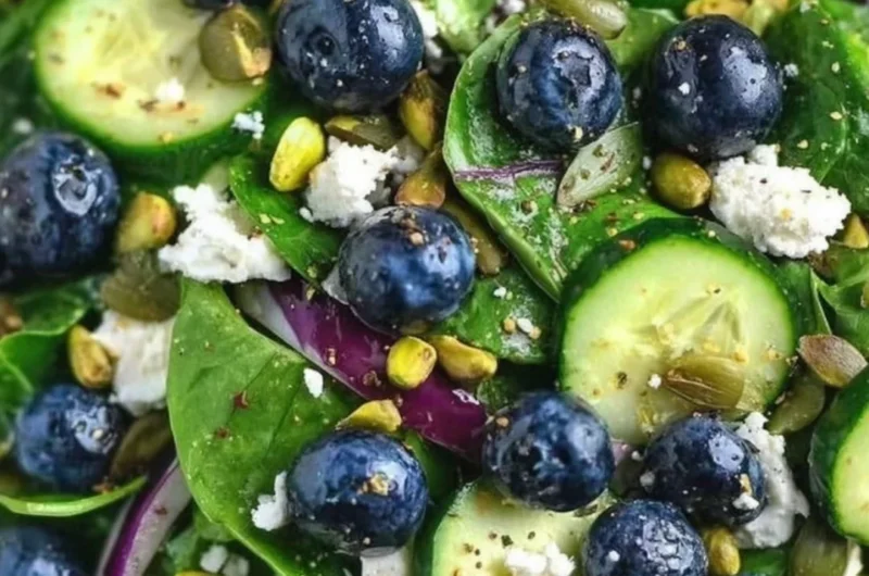 Blueberry pistachio spring salad with fresh greens and nuts