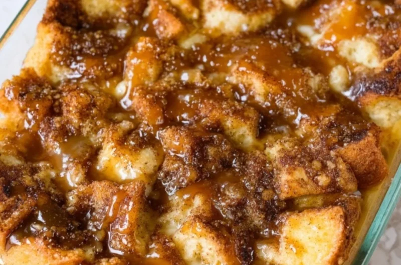 Delicious homemade bread pudding topped with creamy sauce and spices