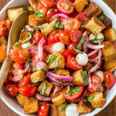 A vibrant bread salad featuring fresh vegetables and crispy bread pieces.