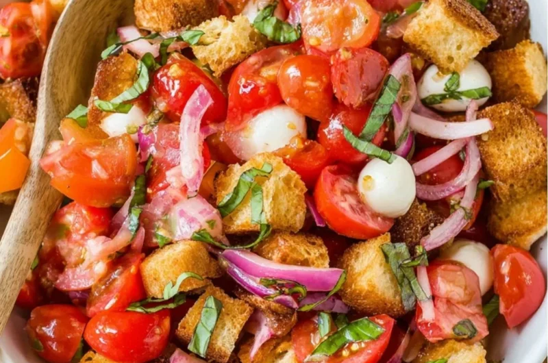 A vibrant bread salad featuring fresh vegetables and crispy bread pieces.