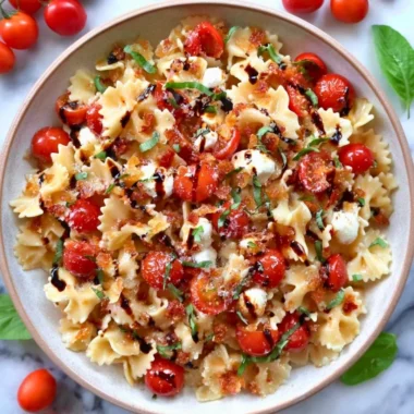 A colorful bowl of Bruschetta Pasta Salad with tomatoes, basil, and dressing