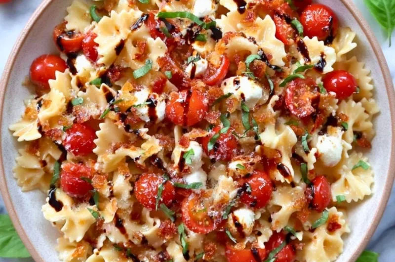 A colorful bowl of Bruschetta Pasta Salad with tomatoes, basil, and dressing