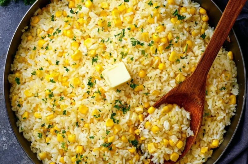 Delicious buttered corn rice served in a bowl with fresh herbs.