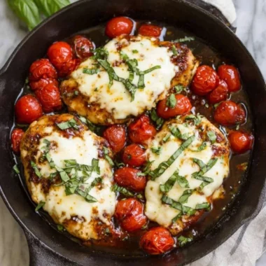 Skillet Chicken Caprese with fresh tomatoes, basil, and mozzarella