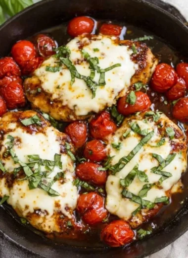 Skillet Chicken Caprese with fresh tomatoes, basil, and mozzarella