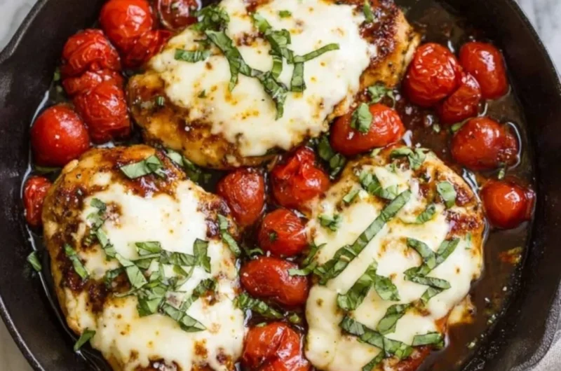 Skillet Chicken Caprese with fresh tomatoes, basil, and mozzarella