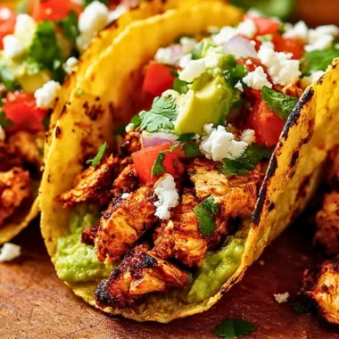 Plate of delicious Chicken Street Tacos with fresh toppings and sides.