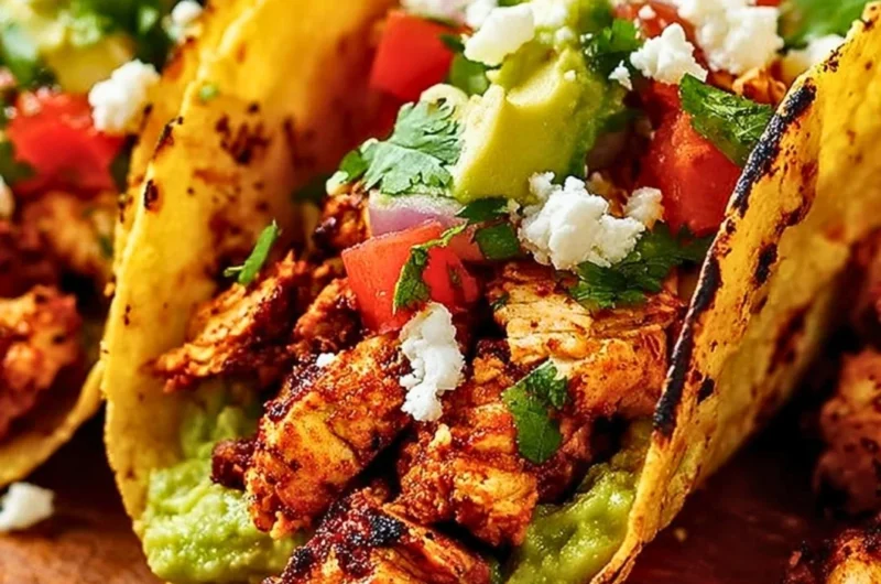 Plate of delicious Chicken Street Tacos with fresh toppings and sides.