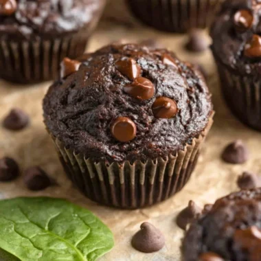 Delicious chocolate spinach muffins topped with chocolate chips