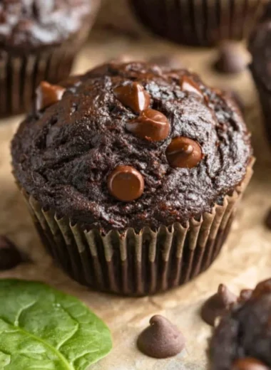 Delicious chocolate spinach muffins topped with chocolate chips