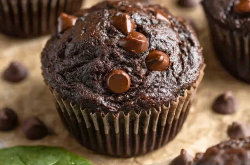Delicious chocolate spinach muffins topped with chocolate chips