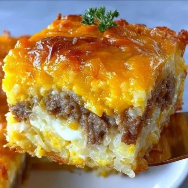 Classic Breakfast Hashbrown Casserole served in a dish, garnished with herbs.