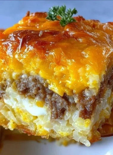 Classic Breakfast Hashbrown Casserole served in a dish, garnished with herbs.