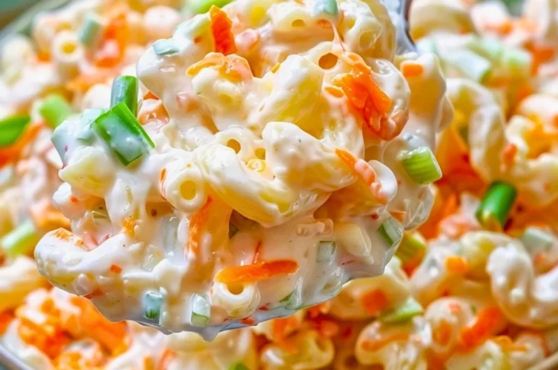 Bowl of Classic Hawaiian Macaroni Salad with colorful vegetables