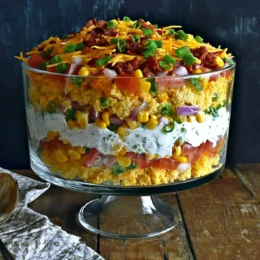 A colorful bowl of Cornbread Salad with fresh vegetables and cornbread crumbled on top.