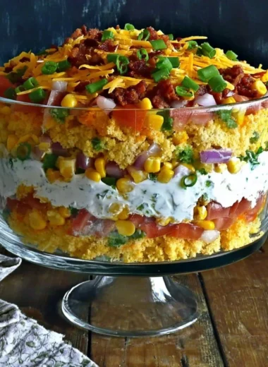 A colorful bowl of Cornbread Salad with fresh vegetables and cornbread crumbled on top.