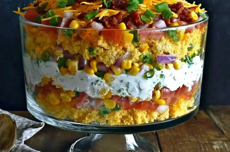 A colorful bowl of Cornbread Salad with fresh vegetables and cornbread crumbled on top.