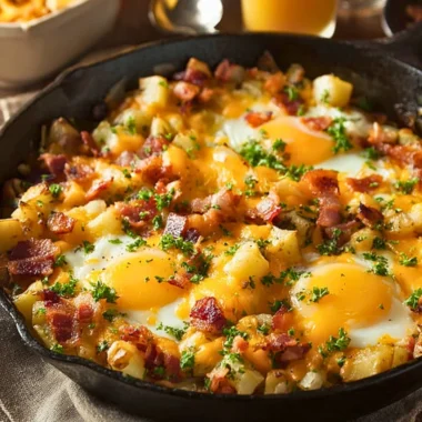 Delicious country breakfast skillet with eggs, potatoes, and vegetables